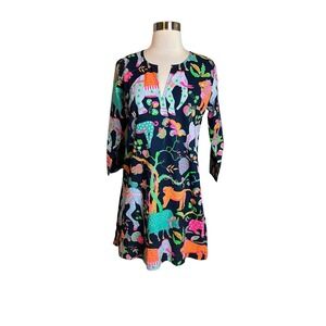 Gretchen Scott Women's Tunic Top Size XS Blue Colorful Animal Kingdom V Neck